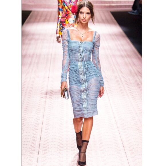 $3645 NWT Dolce & Gabbana Light Blue Tulle Sheer Lace-Up Ruched Midi Dress - Picture 1 of 13